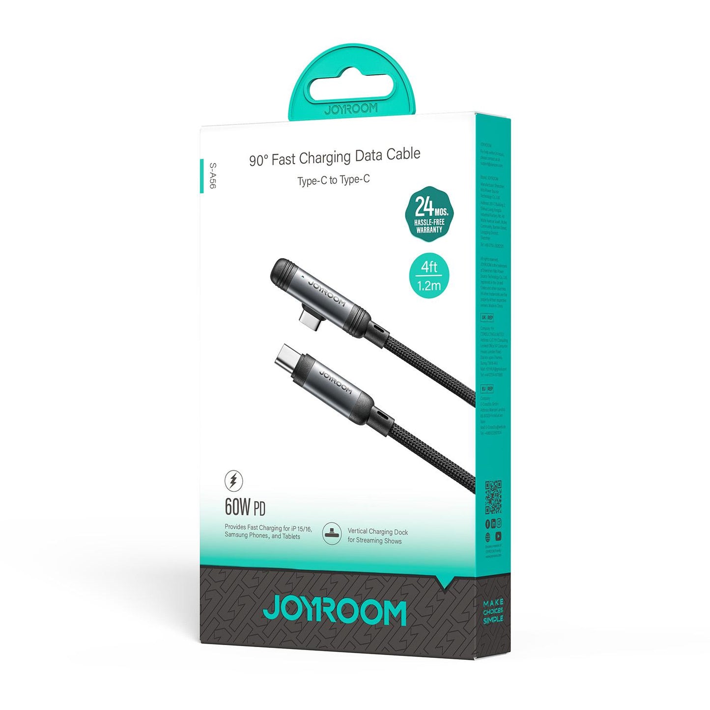 Kabel za prijenos podataka i punjenje USB-C - USB-C Joyroom S-A56 EnjoyX Angled, 60W, 1.2m, Crni