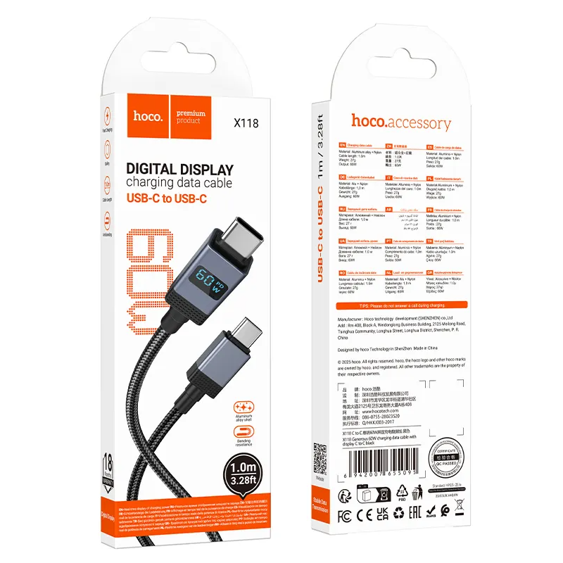 Kabel za podatke i punjenje USB-C - USB-C HOCO X118 Display, 60W, 1m, Crni