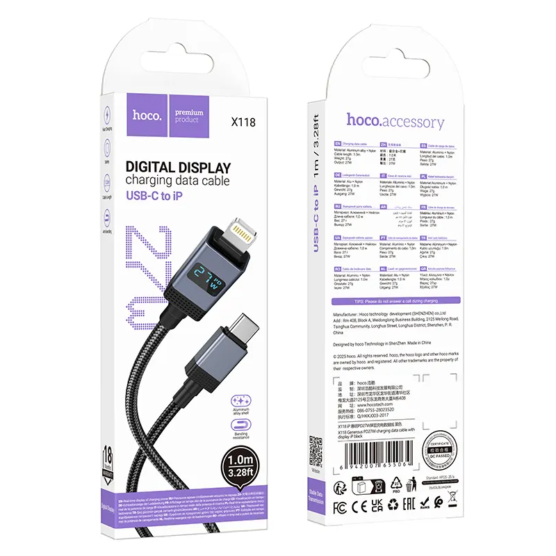 Kabel za podatke i punjenje USB-C - Lightning HOCO X118 Display, 27W, 1m, Crni