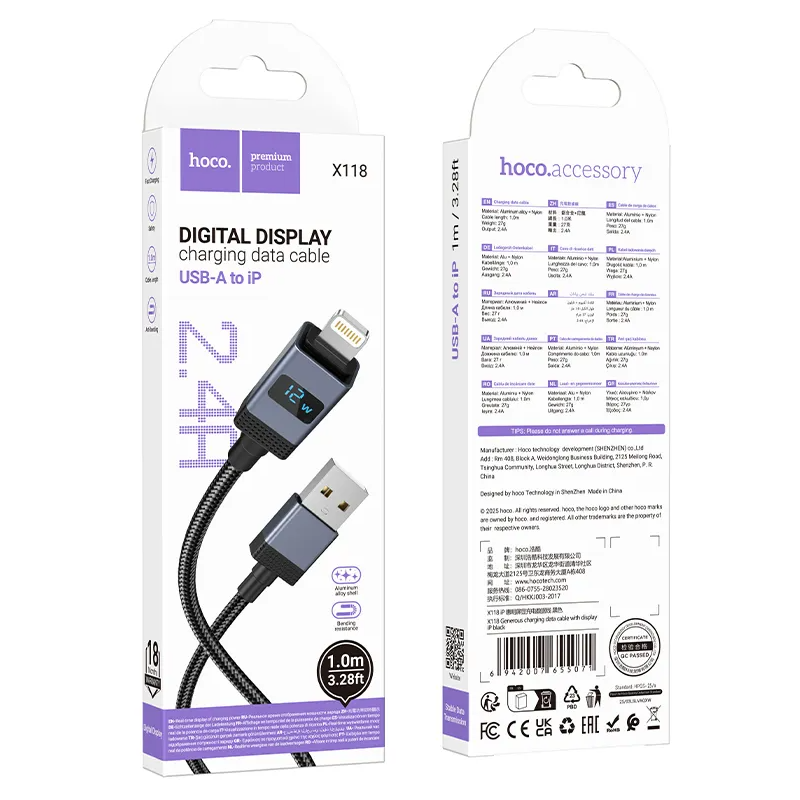 Kabel za prijenos podataka i punjenje USB-A - Lightning HOCO X118 Display, 12W, 1m, Crni