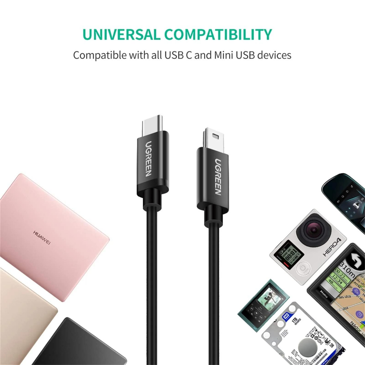 Kabel za podatke i punjenje USB-C - miniUSB UGREEN US242, 18W, 1m, Crni