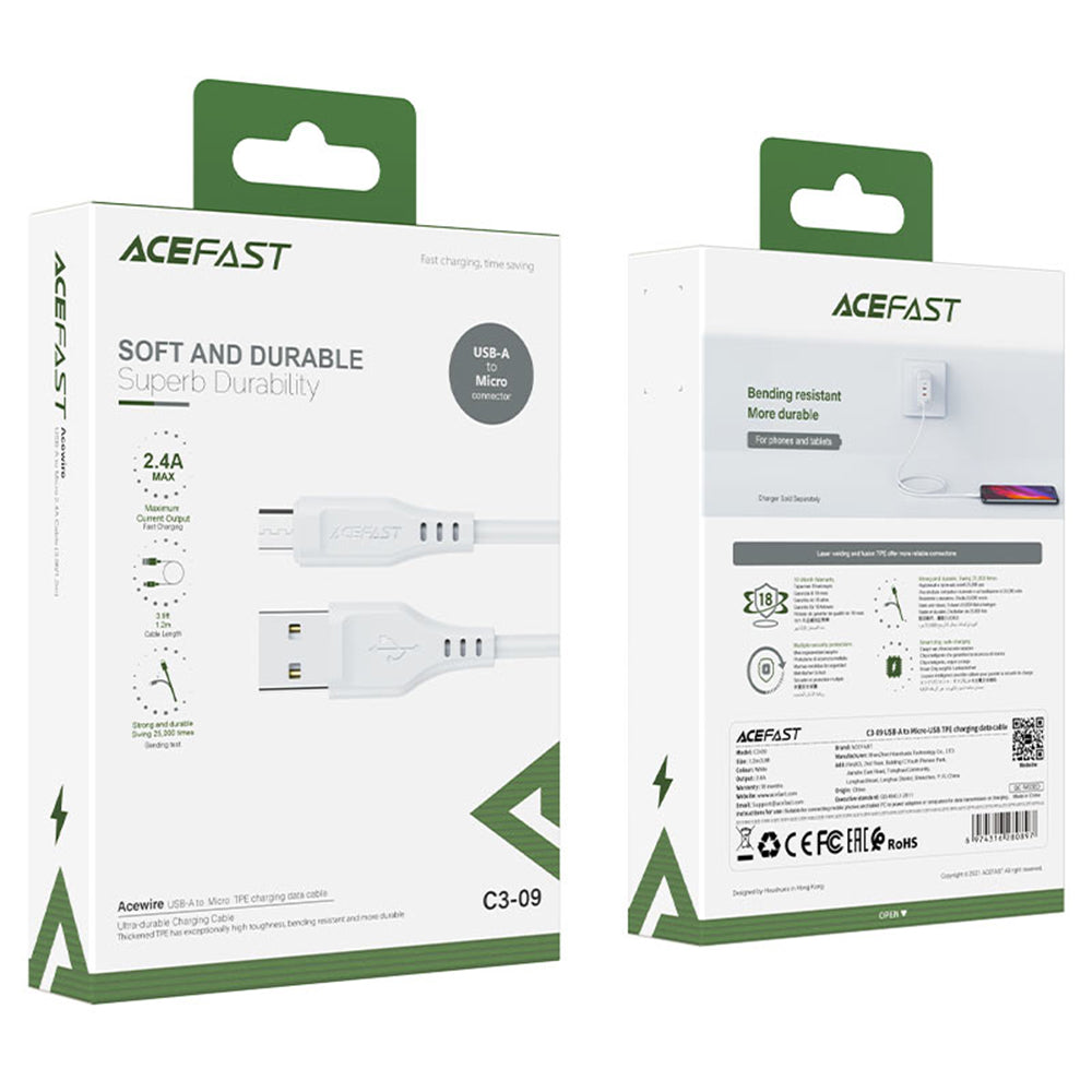 Kabel za podatke i punjenje USB-A - microUSB Acefast C3-09, 18W, 1.2m, Bijeli
