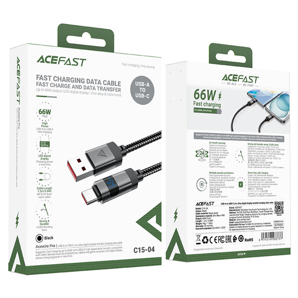 Kabel za podatke i punjenje USB-A - USB-C Acefast C15-04 Display, 66W, 1.2m, Crni