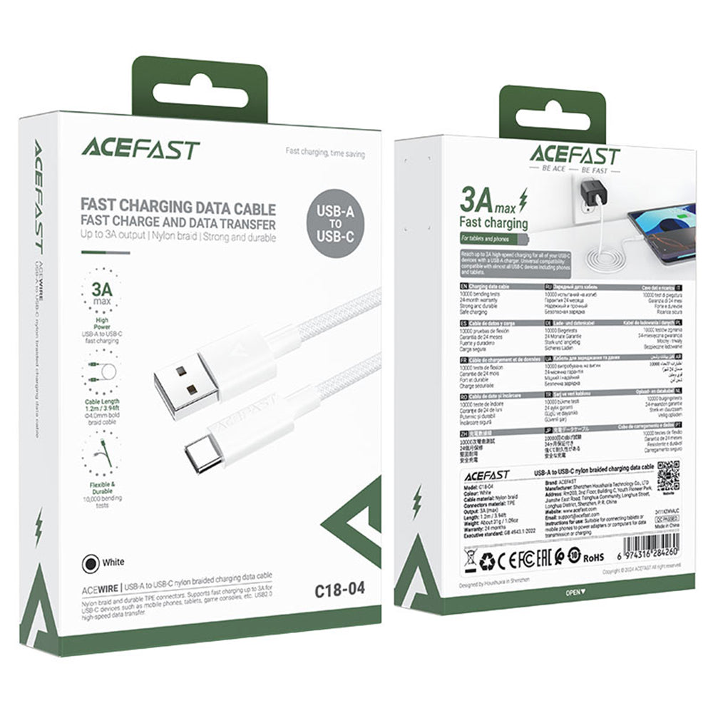 Kabel za podatke i punjenje USB-A - USB-C Acefast C18-04, 18W, 1.2m, Bijeli