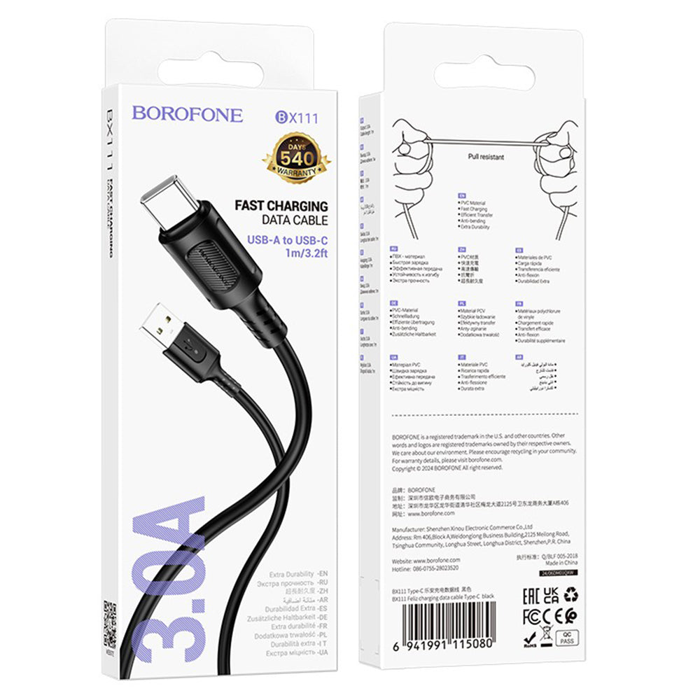 Kabel za podatke i punjenje USB-A - USB-C Borofone BX111 Feliz, 20W, 1m, Crni