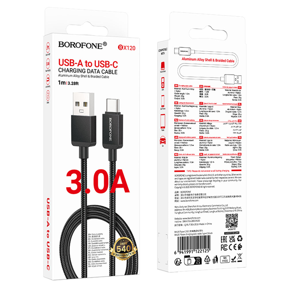 Kabel za podatke i punjenje USB-A - USB-C Borofone BX120 Placer, 18W, 1m, Crni