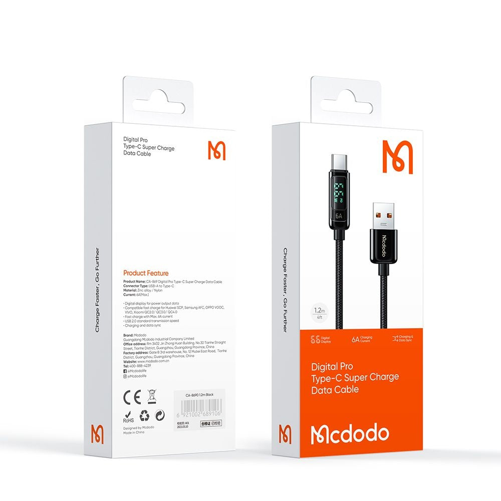 Kabel za podatke i punjenje USB-A - USB-C McDodo CA-8690 Display, 66W, 1.2m, Crni