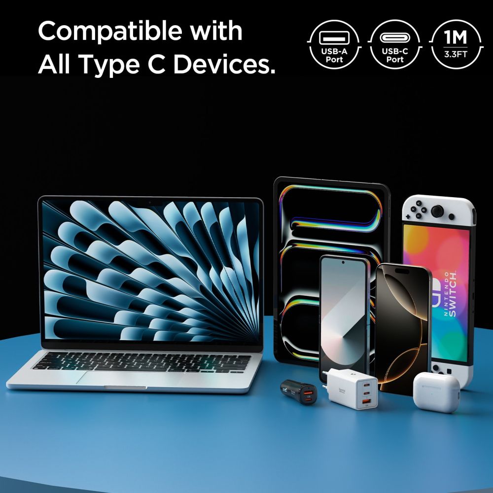 Kabel za podatke i punjenje USB-A - USB-C Spigen Essential, 60W, 1m, Bijeli