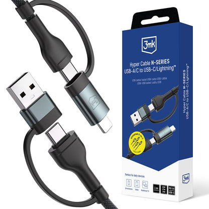 Kabel za podatke i punjenje USB-A / USB-C - USB-C / Lightning 3MK Hyper N, 60W, 1.2m, Crni