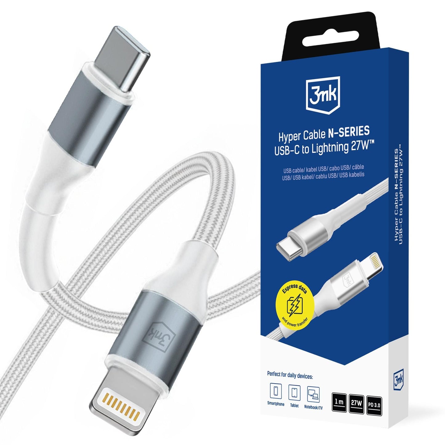 USB-C kabel za prijenos podataka i punjenje - Lightning 3MK Hyper N, 27W, 1m, Bijela