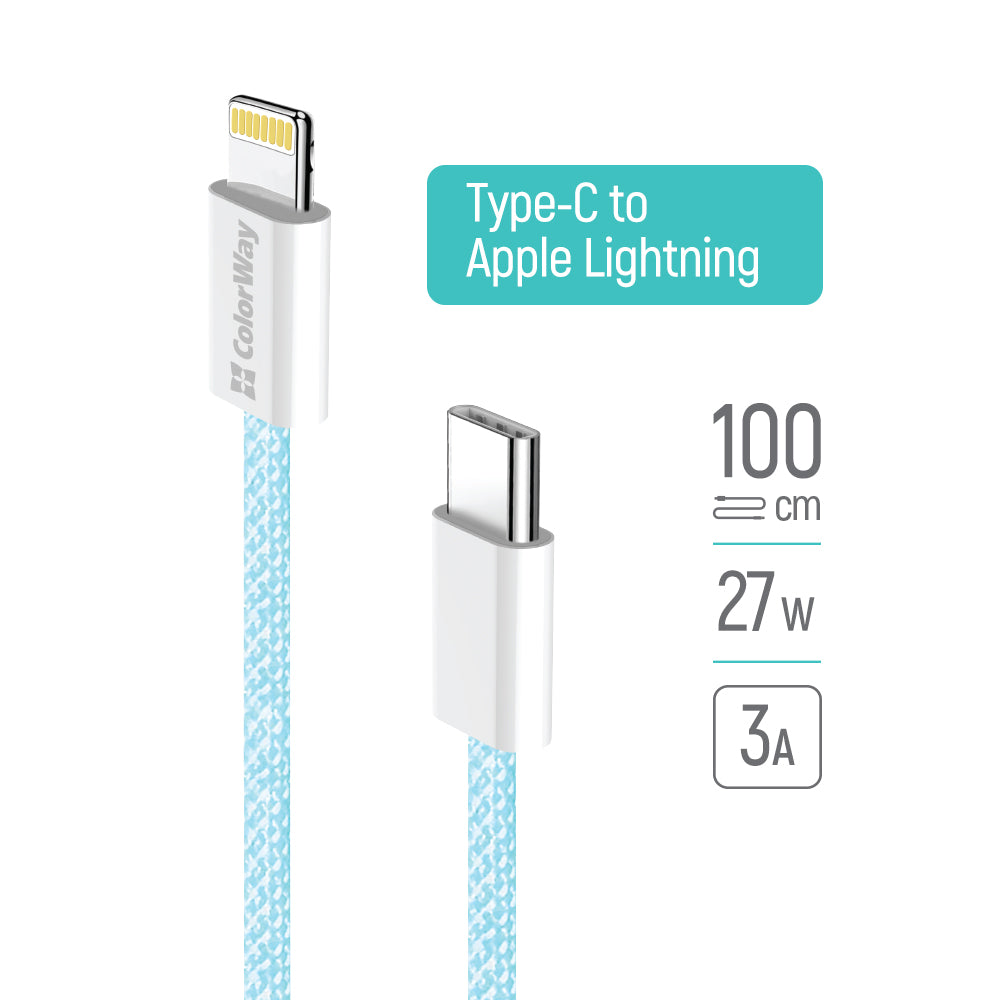 Kabel za podatke i punjenje USB-C - Lightning ColorWay CW-CBPDCL061, 27W, 1m, Plavi