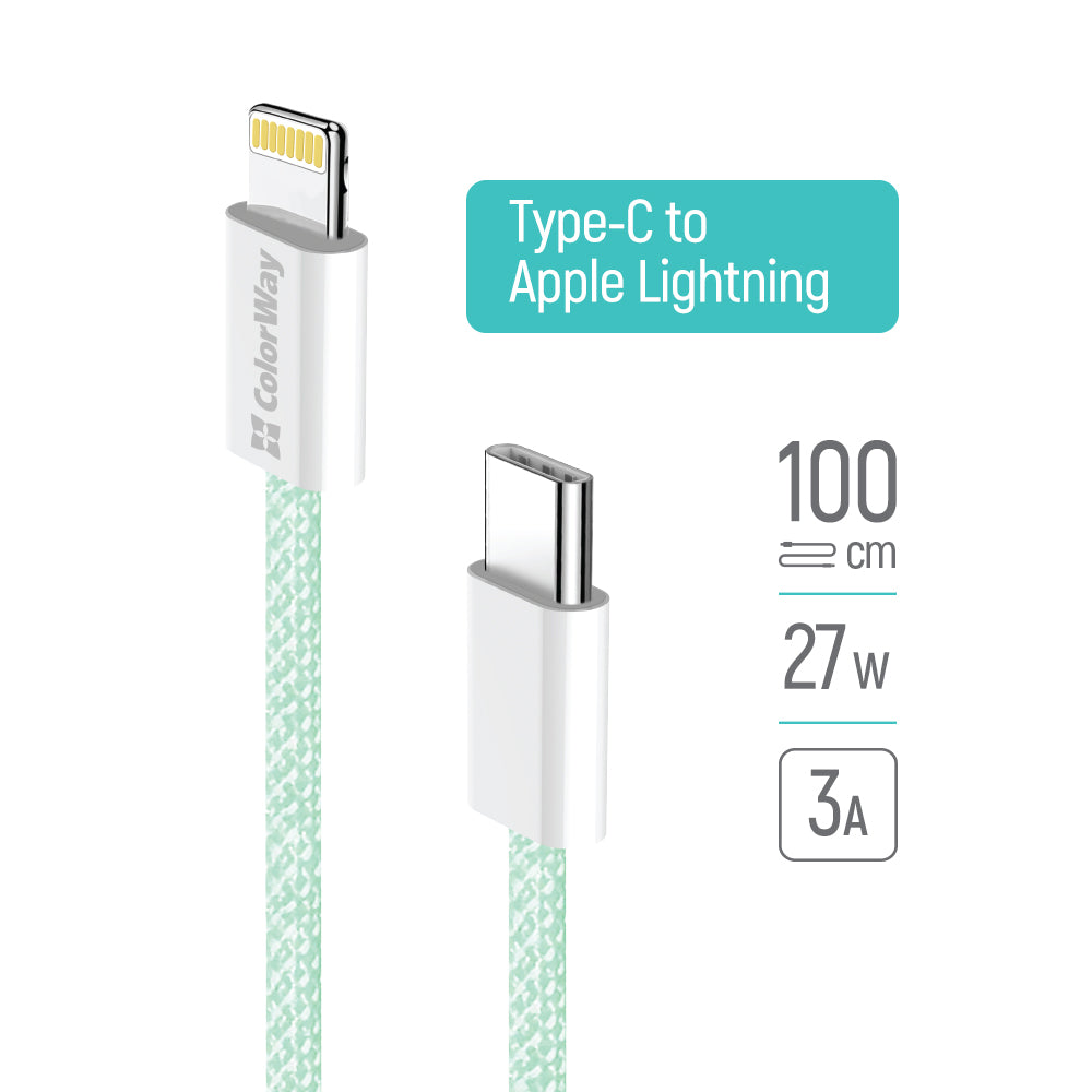 Kabel za podatke i punjenje USB-C - Lightning ColorWay CW-CBPDCL061, 27W, 1m, Zelen