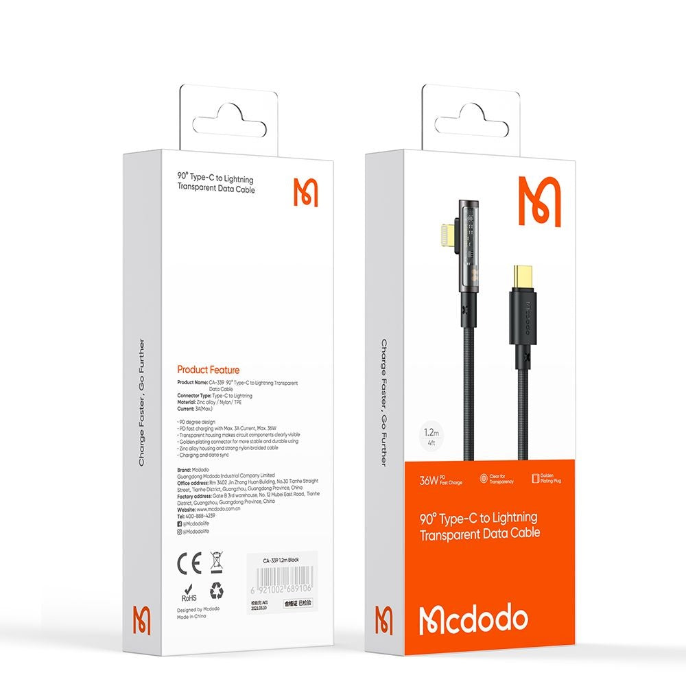 Kabel za podatke i punjenje USB-C - Lightning McDodo CA-3390 Angled, 36W, 1.2m, Crni