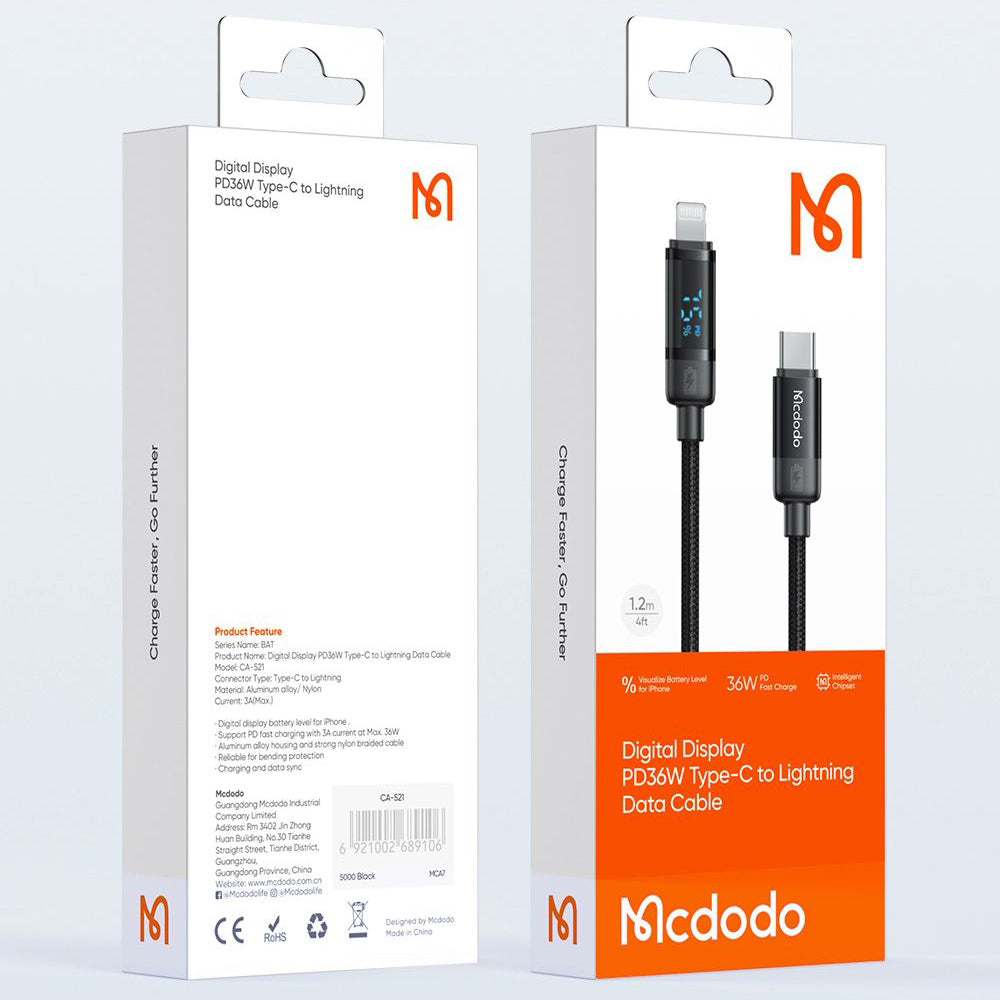 Kabel za podatke i punjenje USB-C - Lightning McDodo CA-5210 Bat Display, 36W, 1.2m, Crni