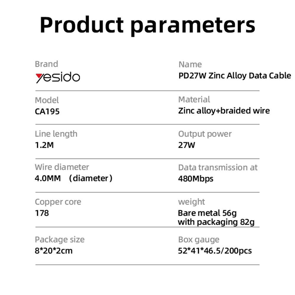 Kabel za podatke i punjenje USB-C - Lightning Yesido CA195, 27W, 1.2m, Crni