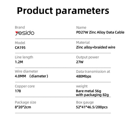 Kabel za podatke i punjenje USB-C - Lightning Yesido CA195, 27W, 1.2m, Crni