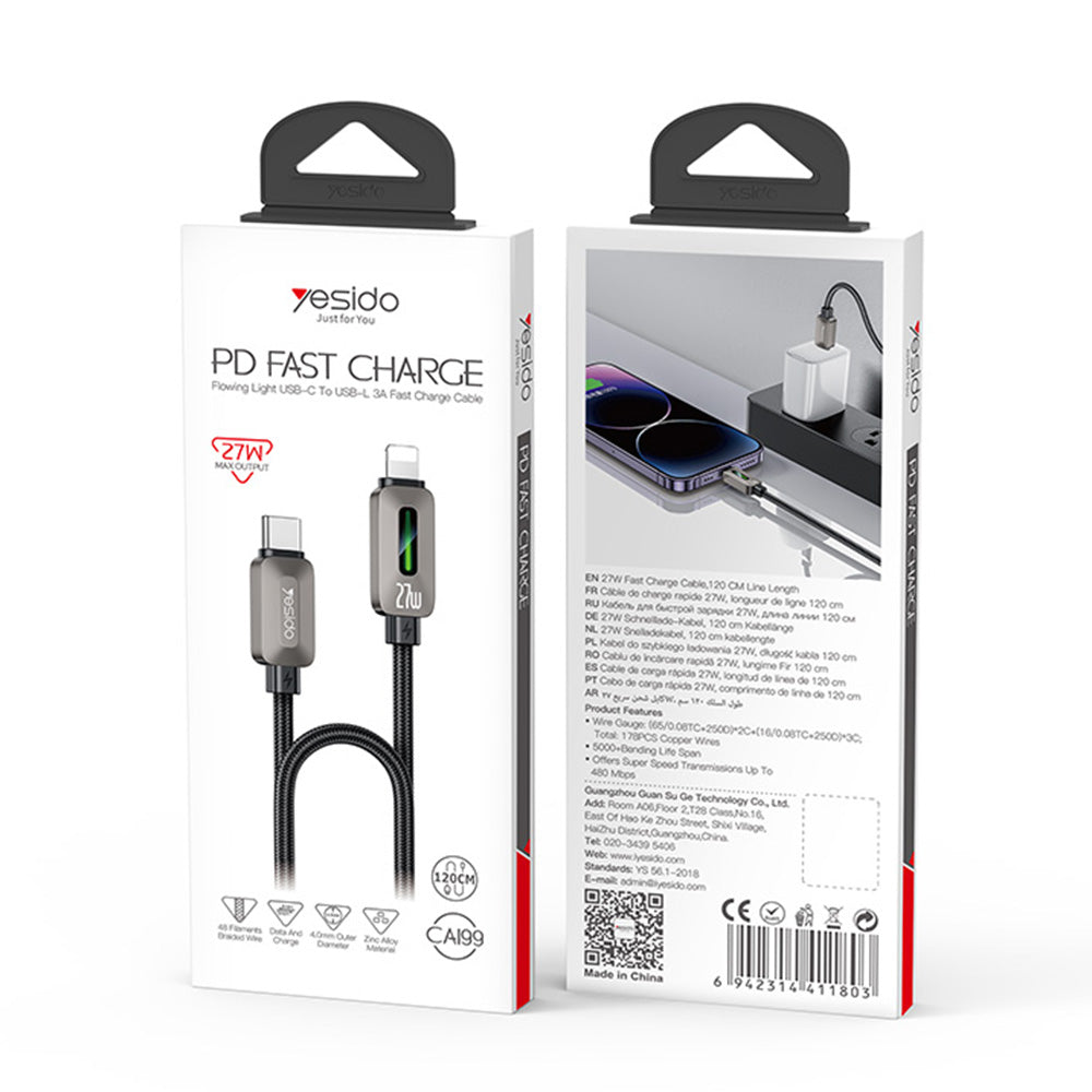 USB-C kabel za prijenos podataka i punjenje - Lightning Yesido CA199, 27W, 1.2m, Crna