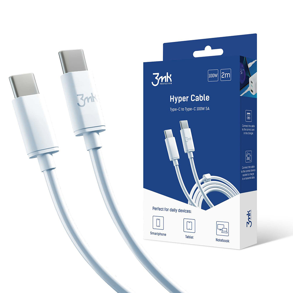 USB-C kabel za prijenos podataka i punjenje - USB-C 3MK Hyper, 100W, 2m, Bijeli