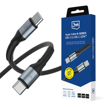 USB-C kabel za prijenos podataka i punjenje - USB-C 3MK Hyper N, 100W, 1.5m, Crna