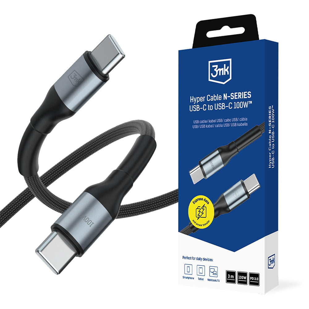 USB-C - USB-C kabel za prijenos podataka i punjenje 3MK Hyper N, 100W, 3m, Crna