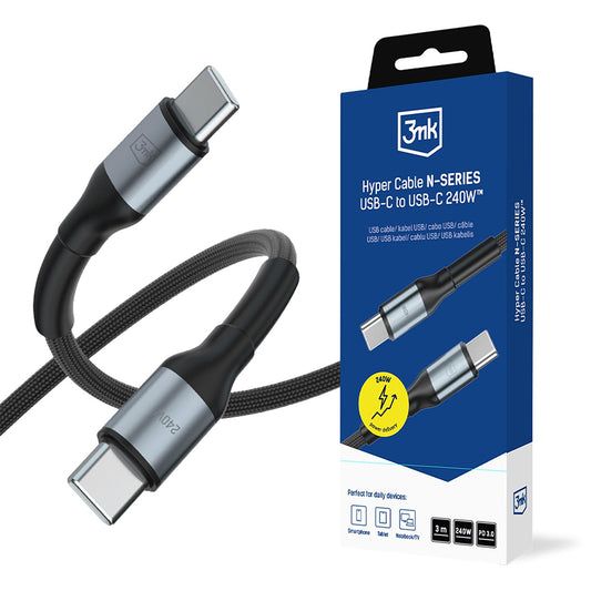 USB-C kabel za prijenos podataka i punjenje - USB-C 3MK Hyper N Thunderbolt 4, 240W, 3m, Crna