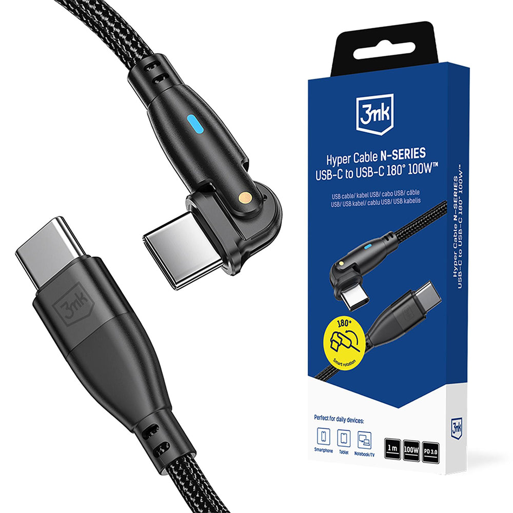 USB-C Kabel za prijenos podataka i punjenje - USB-C 3MK Hyper N Angled, 100W, 1m, Crna