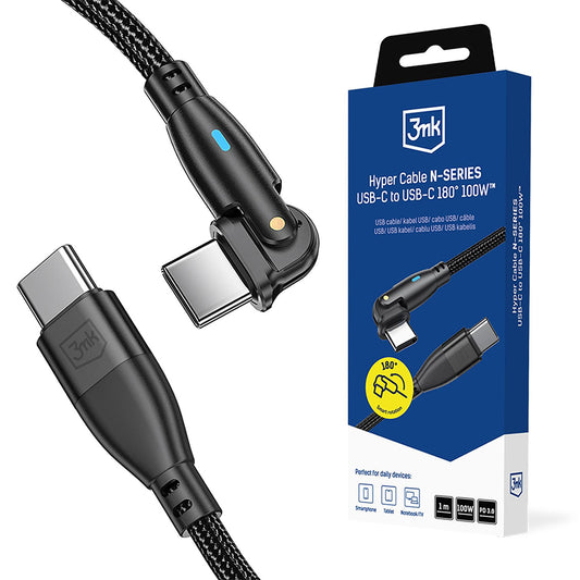 USB-C Kabel za prijenos podataka i punjenje - USB-C 3MK Hyper N Angled, 100W, 1m, Crna