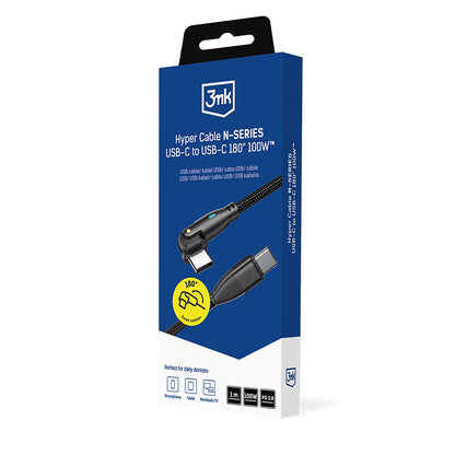 USB-C Kabel za prijenos podataka i punjenje - USB-C 3MK Hyper N Angled, 100W, 1m, Crna
