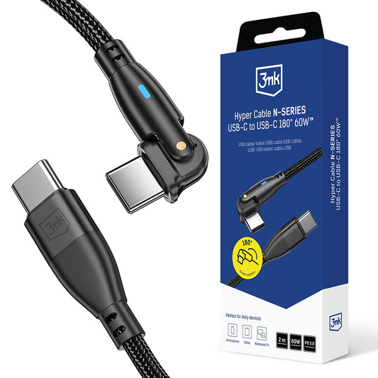 Kabel za prijenos podataka i punjenje USB-C - USB-C 3MK Hyper N Angled, 60W, 2m, Crni