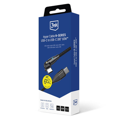 Kabel za prijenos podataka i punjenje USB-C - USB-C 3MK Hyper N Angled, 60W, 2m, Crni