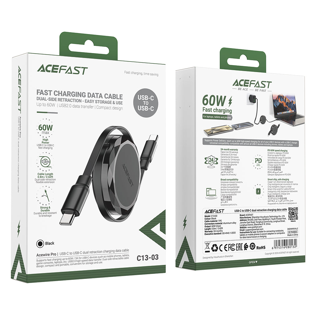 Kabel za podatke i punjenje USB-C - USB-C Acefast C13-03, 60W, 0.8m, Crni