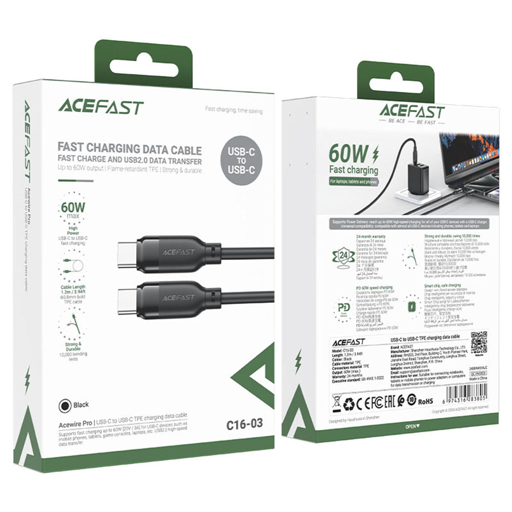Kabel za podatke i punjenje USB-C - USB-C Acefast C16-03, 60W, 1.2m, Crni