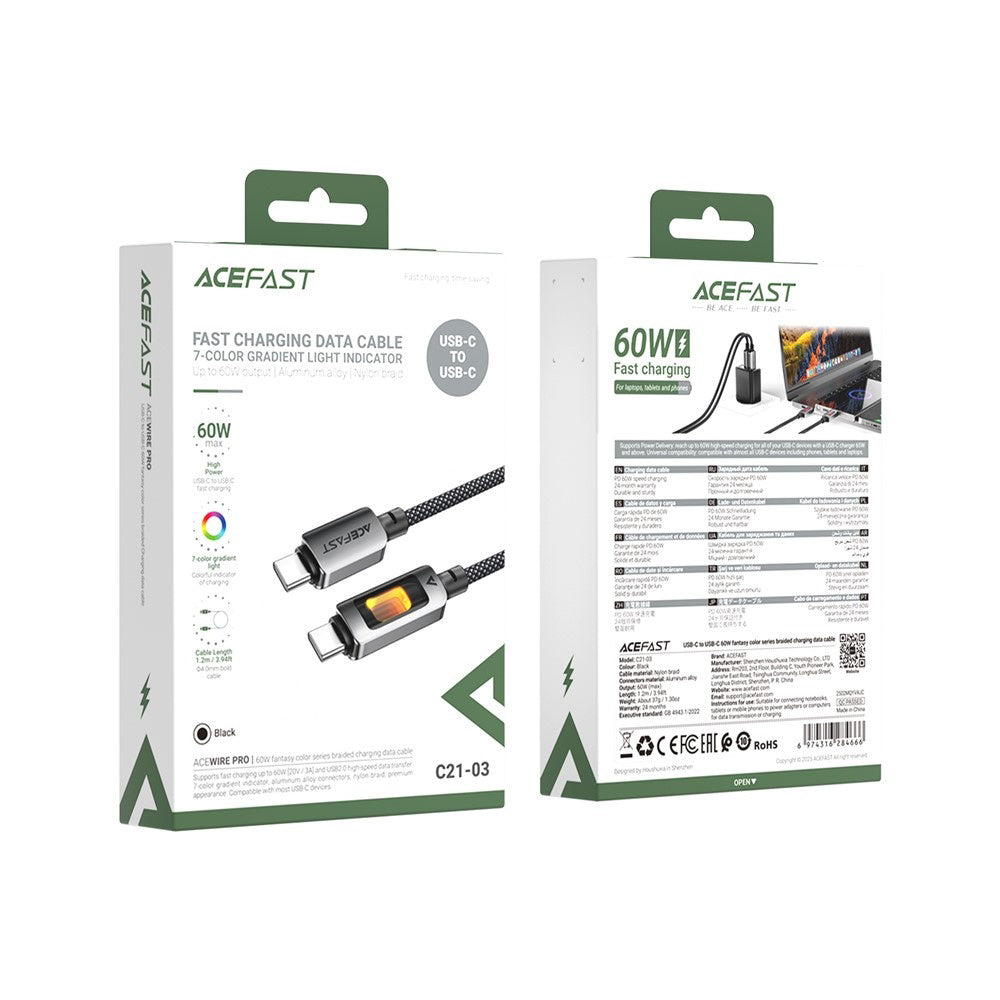 Kabel za podatke i punjenje USB-C - USB-C Acefast C21-03, 60W, 1.2m, Crni