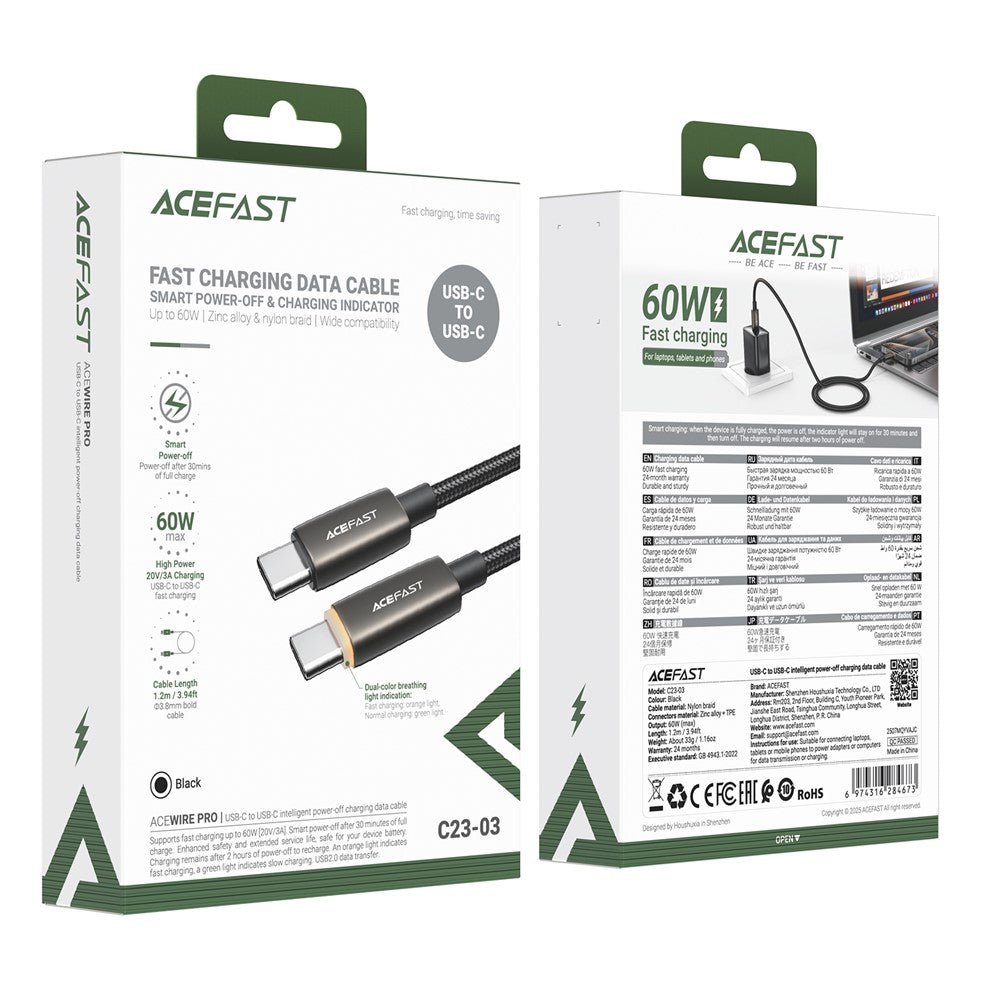Kabel za podatke i punjenje USB-C - USB-C Acefast C23-03, 60W, 1.2m, Crni