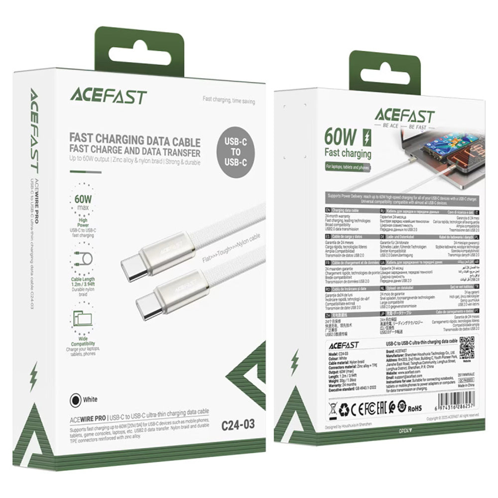 Kabel za podatke i punjenje USB-C - USB-C Acefast C24-03, 60W, 1.2m, Bijeli