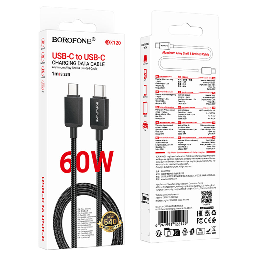 Kabel za podatke i punjenje USB-C - USB-C Borofone BX120 Placer, 60W, 1m, Crni