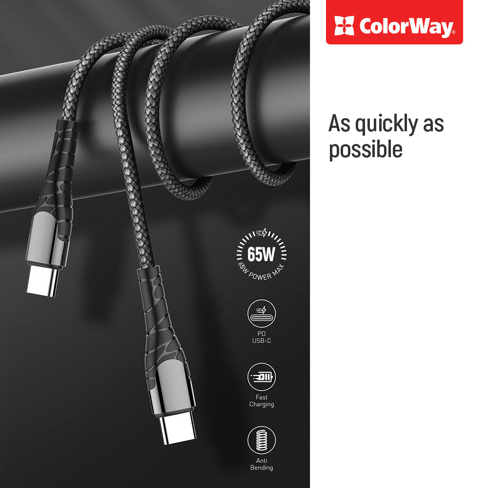 Kabel za podatke i punjenje USB-C - USB-C ColorWay CW-CBPDCC040, 65W, 1m, Sivi
