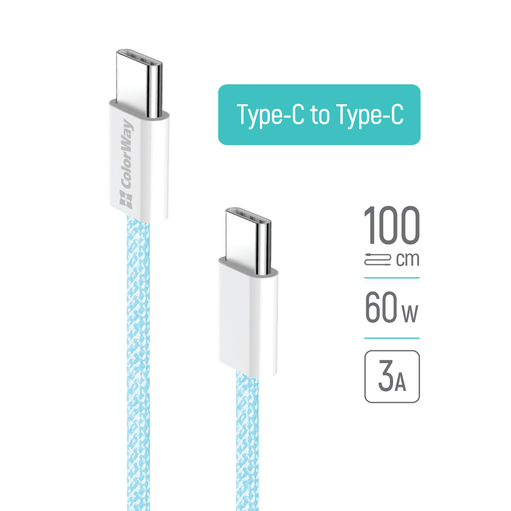 Kabel za podatke i punjenje USB-C - USB-C ColorWay CW-CBPDCC061, 60W, 1m, Plavi
