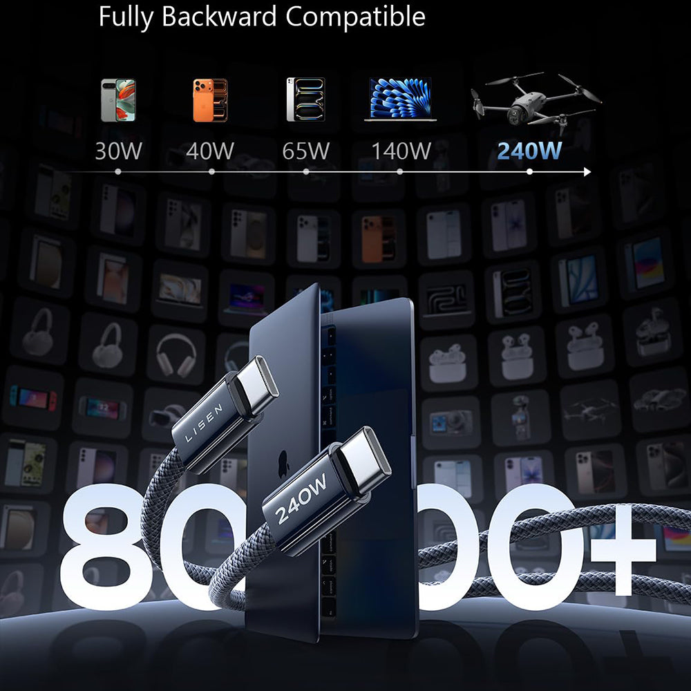 Kabel za podatke i punjenje USB-C - USB-C Lisen, 240W, 2m, Set 2 komada, Tamnoplavi YL0123070023