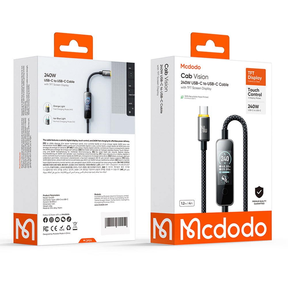 USB-C - USB-C McDodo CA-8750 Display kabel za prijenos podataka i punjenje, 240W, 1.2m, crni