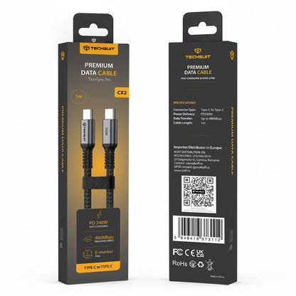 USB-C - USB-C kabel za prijenos podataka i punjenje Techsuit TitanSync Pro CX2, 240W, 1m, Siva