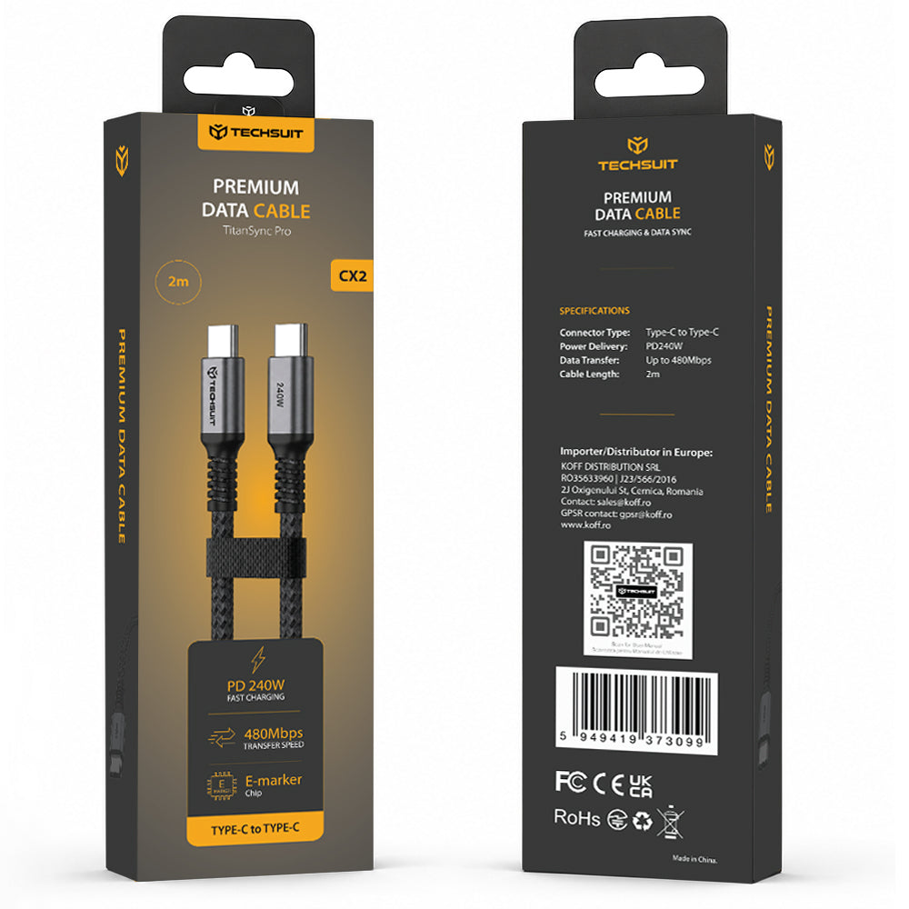 USB-C kabel za prijenos podataka i punjenje - USB-C Techsuit TitanSync Pro CX2, 240W, 2m, Siva