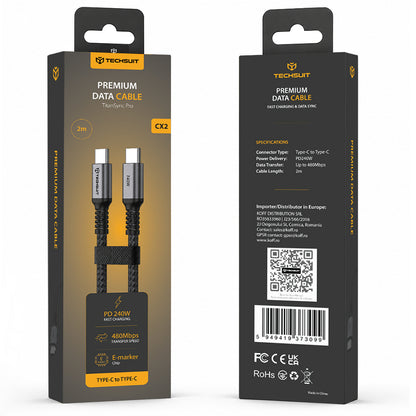 USB-C kabel za prijenos podataka i punjenje - USB-C Techsuit TitanSync Pro CX2, 240W, 2m, Siva