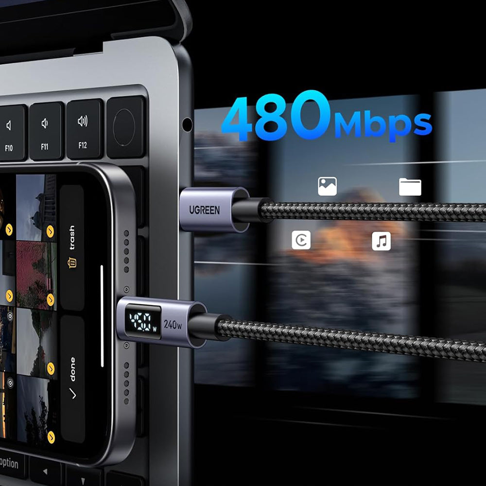 USB-C - USB-C kabel za prijenos podataka i punjenje UGREEN 65867 Display, 240W, 2m, Siva