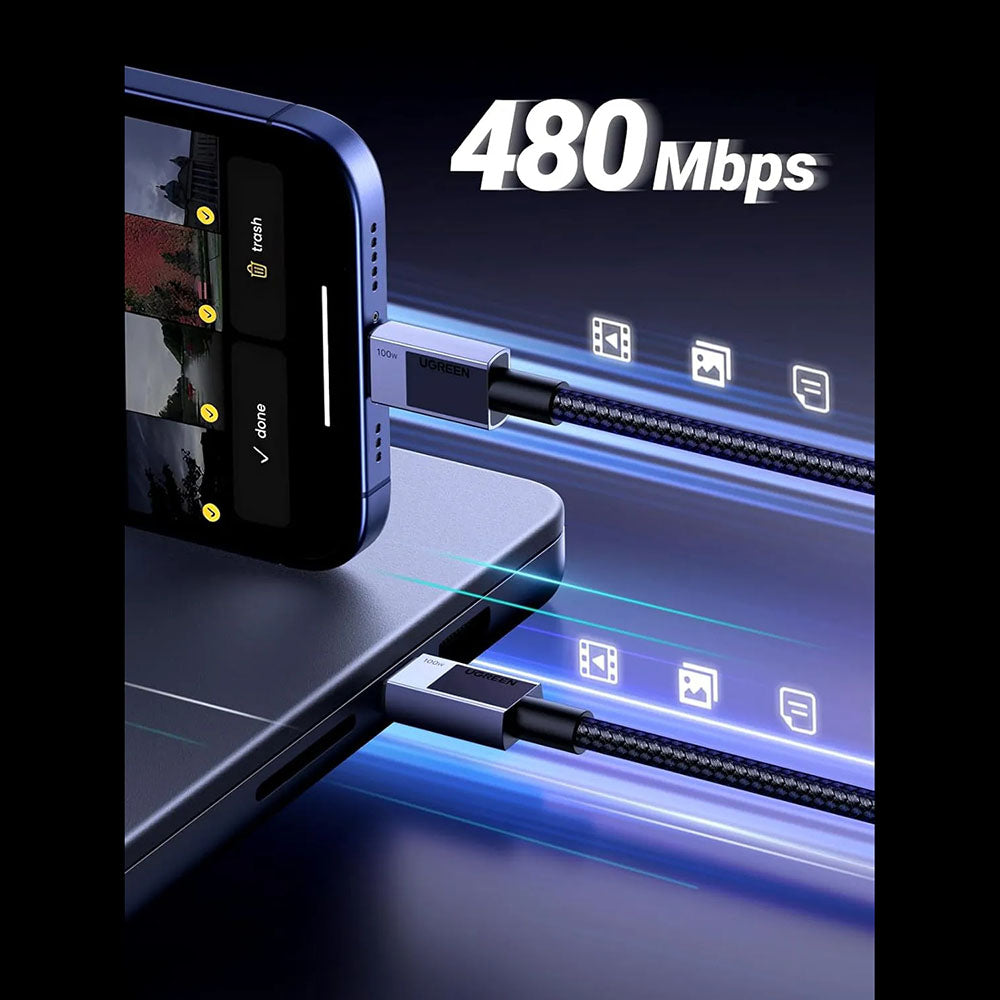 Kabel za prijenos podataka i punjenje USB-C - USB-C UGREEN L512, 100W, 1m, Sivi