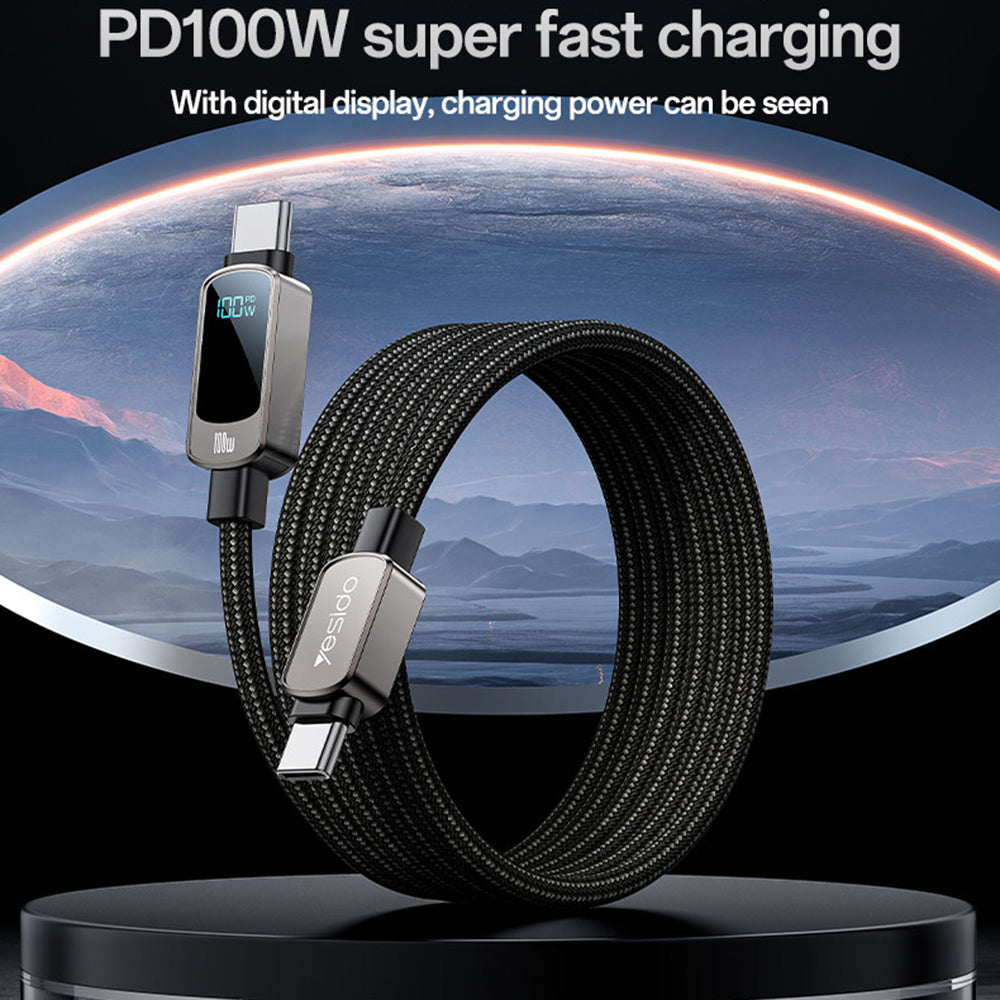 Kabel za prijenos podataka i punjenje USB-C - USB-C Yesido CA179 Display, 100W, 1.2m, Crni