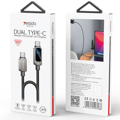 Kabel za prijenos podataka i punjenje USB-C - USB-C Yesido CA179 Display, 100W, 1.2m, Crni