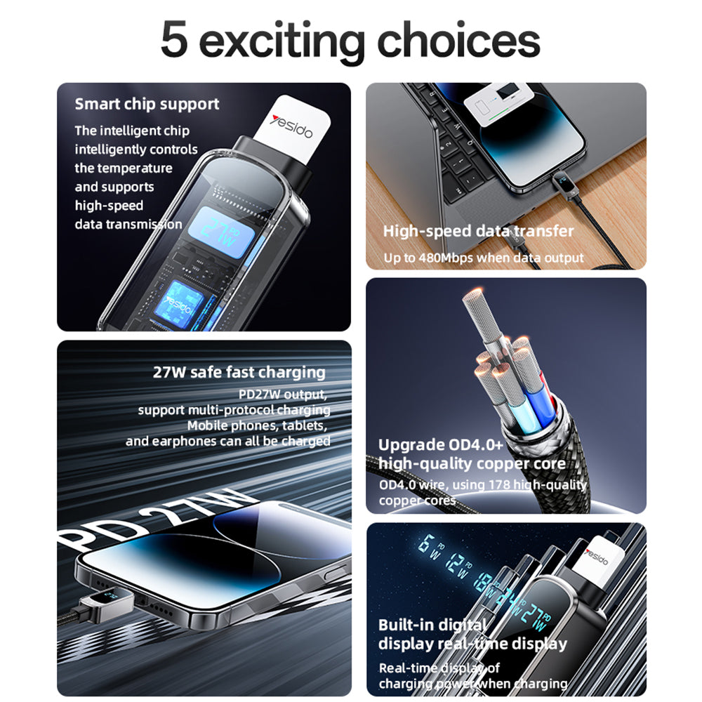 Kabel za podatke i punjenje USB-C - USB-C Yesido CA180 Display, 27W, 1.2m, Crni