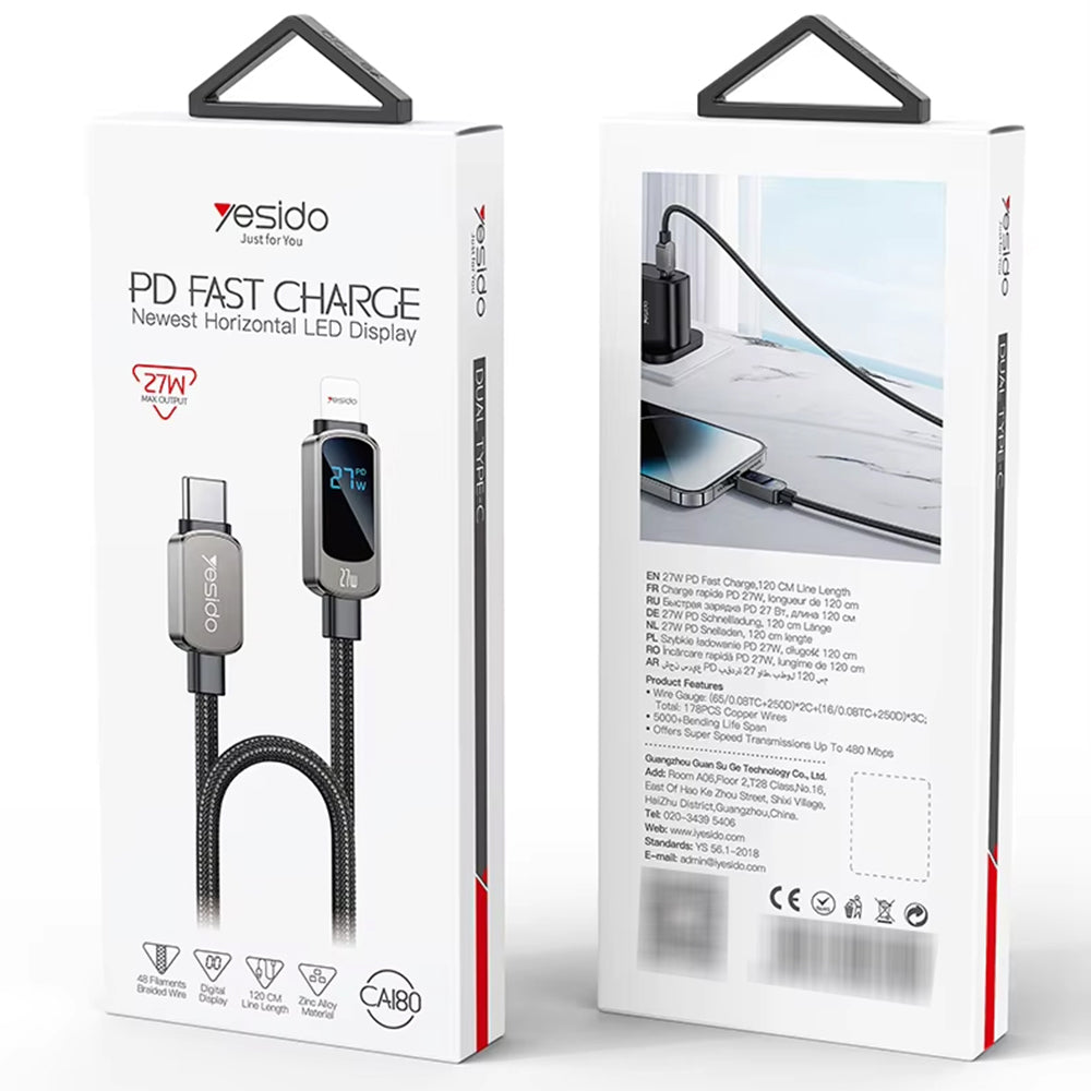 Kabel za podatke i punjenje USB-C - USB-C Yesido CA180 Display, 27W, 1.2m, Crni