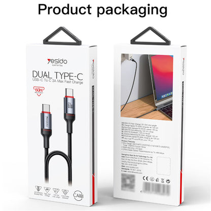 Kabel za prijenos podataka i punjenje USB-C - USB-C Yesido CA181, 60W, 1.2m, Crni